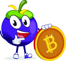 funny happy mangosteen character showing coin in hand