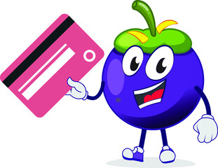 cute mangosteen character showing a credit card