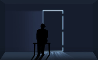 An old man in a fedora hat sits on a stool inside an empty room with a closed door. He is waiting. This is a 3-D illustration.