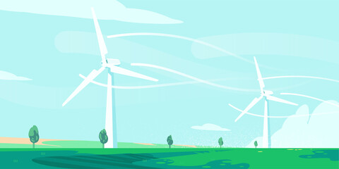 Fototapeta na wymiar Vector Illustration WindMill in the meadow landscape. Renewable Energy. Clean and Free Energy