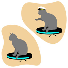 Captain Cat on a robot vacuum cleaner. Vector funny illustration