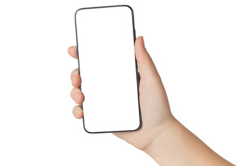 Close-up of a girl's hand holding a modern smartphone with a blank screen. Isolated on white background.