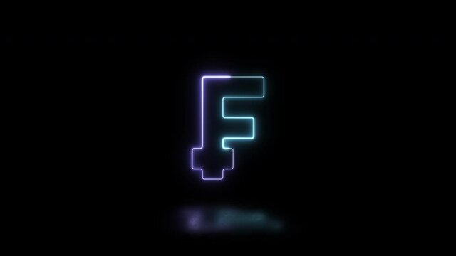 Thin line neon symbol of Swiss currency Franc on a dark brick wall background. Simple business motion graphic animated element