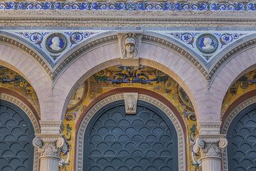 Architectural fragments of Palace Velasquez (Palacio de Velasquez or Palacio de Exposiciones, 1883) in public Buen Retiro Park, Madrid, Spain.