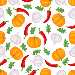 Seamless pattern with hand drawn colorful vegetables. Sketch style vector set. Vegetables flat icons set pepper, garlic, peas, pumpkin. 