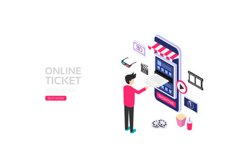 Isometric smartphone with application icon, online ticket booking