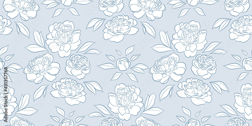 Poster blue and white peonies, seamless repeat pattern vector background