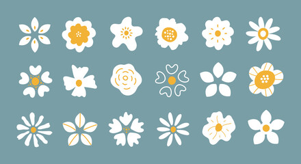 Vector set of simple hand drawn white flower petals isolated on blue background. Elegance round flower head plant collection. Trendy design for logo, print, poster, social media