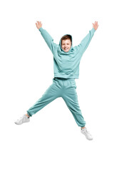 boy in turquoise blue tracksuit isolated on white background.