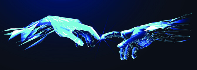 Reaching hands close up detail from The Creation of Adam of Michelangelo fresco detail illustration repro isolated on the blue background, abstract vector 3d. Digital polygonal low poly mesh illustrat - obrazy, fototapety, plakaty