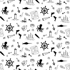 Pattern of marine animals, pirate stuff web clipart. Funny, cute illustration for children's room decor, stickers, games and postcards. Hand-drawn print and Doodle.