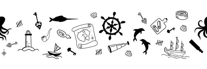 border of marine animals, pirate stuff web clipart. Funny, cute illustration for children's room decor, stickers, games and postcards. Hand-drawn print and Doodle.