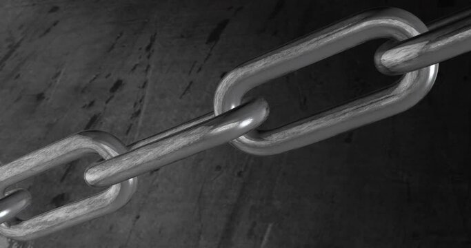 Steel chain with rotating movement on metal background. Freedom concept, abstract animation, 3d render