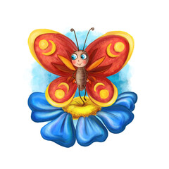 Children's illustration in digital style, a cartoon beetle, an insect for a child of brown color, a smooth abdomen, a striped shell that sits on a branch with green leaves, big blue eyes
