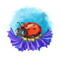 Children's illustration in digital style, cartoon ladybug, insect for a child of red color, who sits on a flower, cornflower field flower, big blue eyes, bright illustration for children's work 
