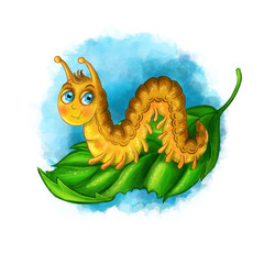 Children's illustration in digital style, cartoon caterpillar, an insect for a child of orange color, many legs that sit on a green leaf, big blue eyes, bright illustration for children's work 
