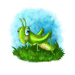 Children's illustration in digital style, cartoon grasshopper, insect for a green child who sits on green grass, meadow, big blue eyes, bright illustration for children's work on a blue background wit