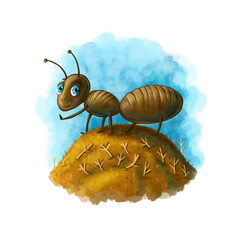 Children's illustration in digital style, cartoon ant, insect for a brown child, smooth abdomen that sits on a pile of straw, on an anthill, big blue eyes, many legs, bright illustration for children'