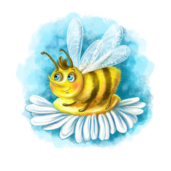 Children's illustration in digital style, cartoon bee, insect for a child of yellow color, fluffy belly sitting on a chamomile flower, white petals, big blue eyes, many legs, bright illustration 