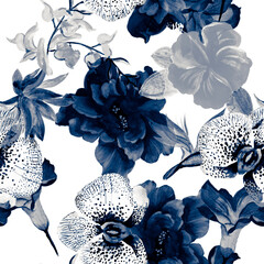 Azure Flower Backdrop. Blue Summer Backdrop. Indigo Seamless Texture. Watercolor Design. Pattern Foliage. Floral Painting. Exotic Plant. Botanical Leaves. - obrazy, fototapety, plakaty