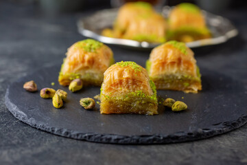 Pistachio Turkish Baklava Havuc Dilimi. Traditional Turkish Dessert. Walnut, Pistachio Turkish Style Antep Baklava. Baklava from Turkish cuisine.