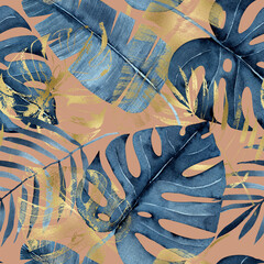 Watercolor seamless pattern with navy blue and golden tropical leaves on a beige background, monstera, palm, banana leaf, hand-drawn.