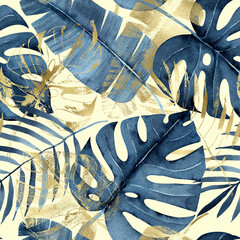 Watercolor seamless pattern with navy blue and golden tropical leaves on a light background, monstera, palm, banana leaf, hand-drawn. For textile, greeting card, wrapping paper, wedding invitations.