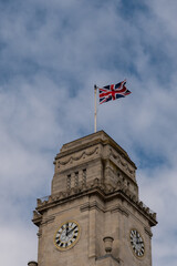 Union Flag or Union Jack flying on Barnsley town hall clock tower