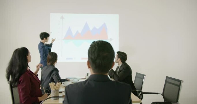 A group of professional business wearing formal suit sitting in office working as teamwork in the meeting room learning and watch slide projector screen while some co-worker has some argument