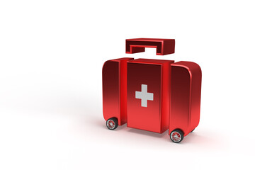 Fototapeta premium First aid kit suitcase on wheels as car on isolated background.