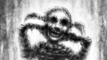 Scary demon girl laughs. Angry undead screams. Spooky illustration in horror fantasy genre. Creepy zombie apocalypse.