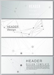 Vector layout of headers, banner templates for website footer design, horizontal flyer design, website header backgrounds. Gray technology background with connecting lines and dots. Network concept.
