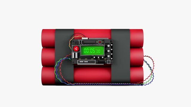 Close up Dynamite time bomb counting down from 10 to 0 second, front view shot, 3d animation, isolated on white background.