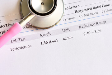 Abnormal low testosterone hormone test result with stethoscope