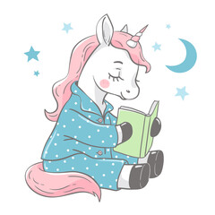 Vectorillustratie van een schattige magische eenhoorn in pyjama, het lezen van een boek.