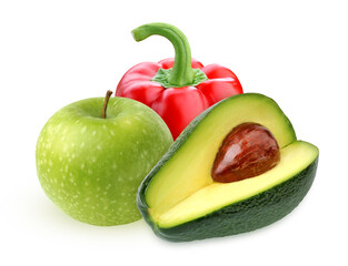 isolated green apple, red bell pepper and avocado. bunch of fruits and vegetables