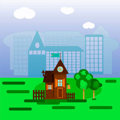 old one-story houses in the foreground against the background of city skyscrapers in the distance