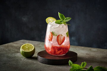 Homemade fresh iced lemonade with strawberries , lime and mint on a wooden background. Summer...