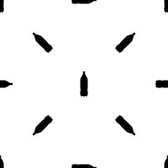 Seamless pattern of repeated black plastic bottle symbols. Elements are evenly spaced and some are rotated. Vector illustration on white background