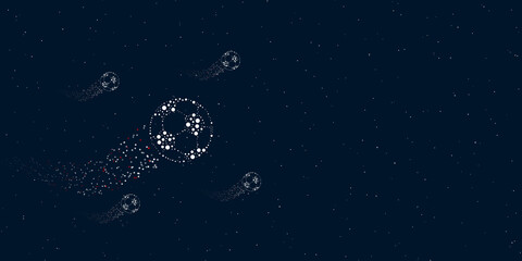 Fototapeta na wymiar A football symbol filled with dots flies through the stars leaving a trail behind. Four small symbols around. Empty space for text on the right. Vector illustration on dark blue background with stars