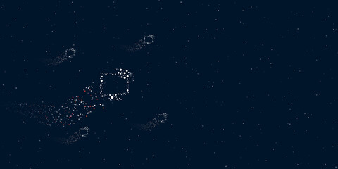 A distance learning symbol filled with dots flies through the stars leaving a trail behind. There are four small symbols around. Vector illustration on dark blue background with stars