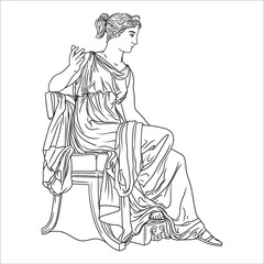 An ancient Greek young woman in a tunic sits on a chair. Figure isolated on white background.