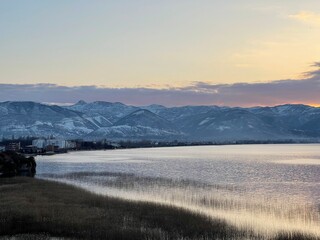 winter sunset over Pogradec, Albania, lake Ohrid