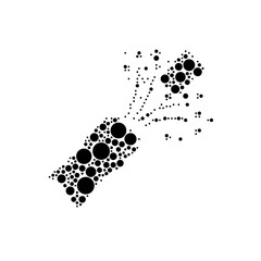 A large champagne opening symbol in the center made in pointillism style. The center symbol is filled with black circles of various sizes. Vector illustration on white background
