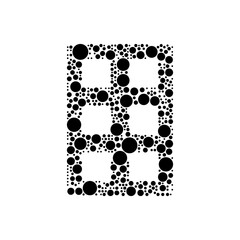 A large office building symbol in the center made in pointillism style. The center symbol is filled with black circles of various sizes. Vector illustration on white background