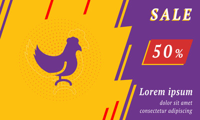 Sale promotion banner with place for your text. On the left is the chicken symbol. Promotional text with discount percentage on the right side. Vector illustration on yellow background