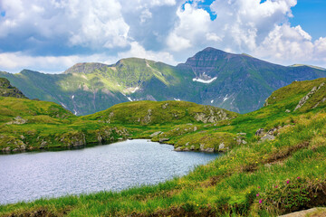 Fototapeta na wymiar summer scenery with lake on high altitude. beautiful landscape of fagaras mountain ridge in summer. open view in to the distant peak beneath a fluffy clouds