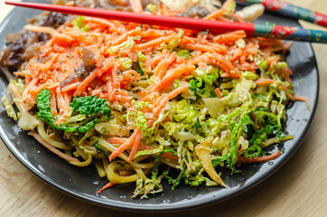 Cooked chicken breast pieces with egg noodles, carrots, and cabbage in a savory chow mein sauce