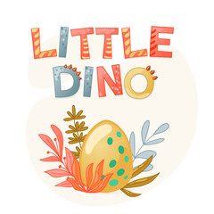 Cute cartoon dinosaur dotted egg. Vector illustration with dino for kids t-shirt design.