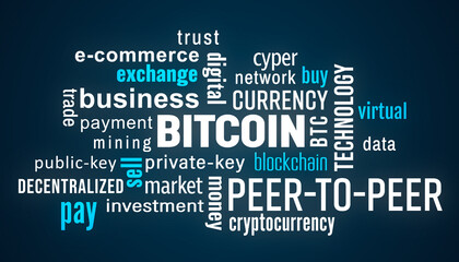 Illustration of a keyword cloud with terms related to bitcoin